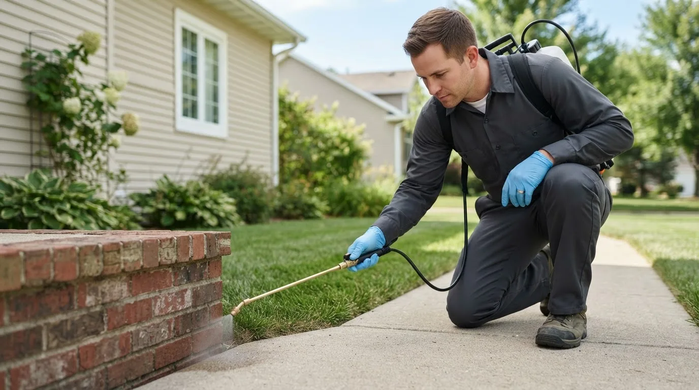 Pest control technician treating a home near Matador, TX